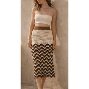 Stella Pardo Crochet Skirt M Cream Brown Boho Luxe Handmade Knit